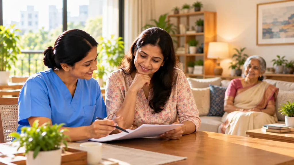 Daughter and caregiver reviewing a home care checklist in Bangalore