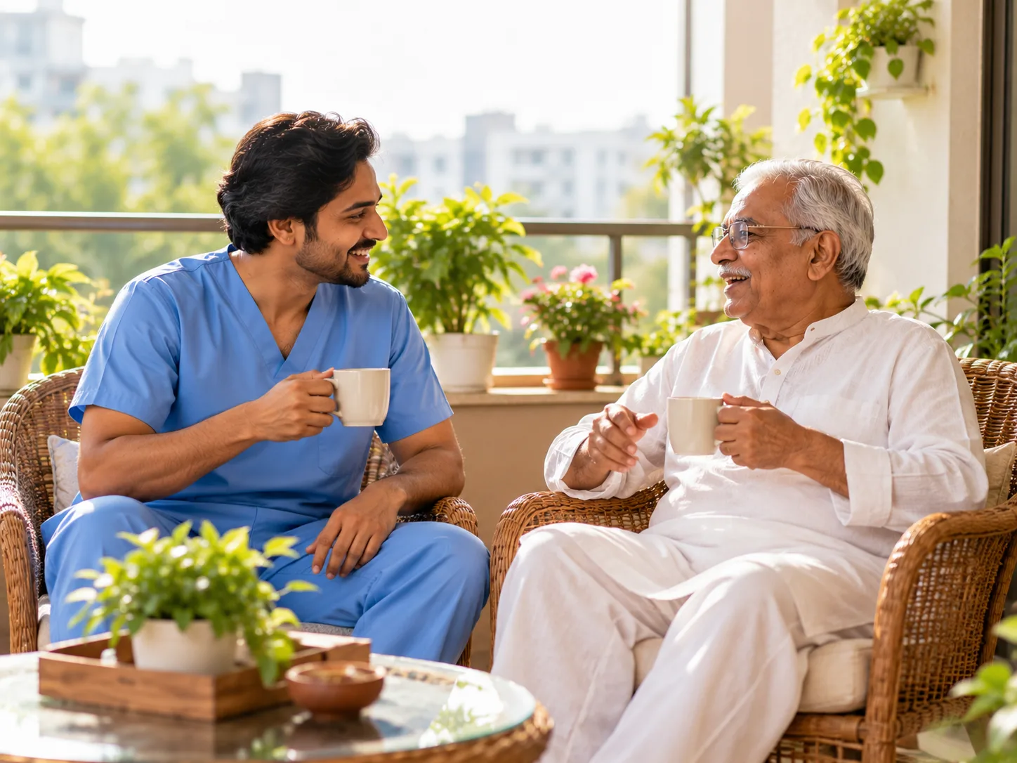 Caregiver sharing tea and conversation with an elderly man on a Bangalore balcony
