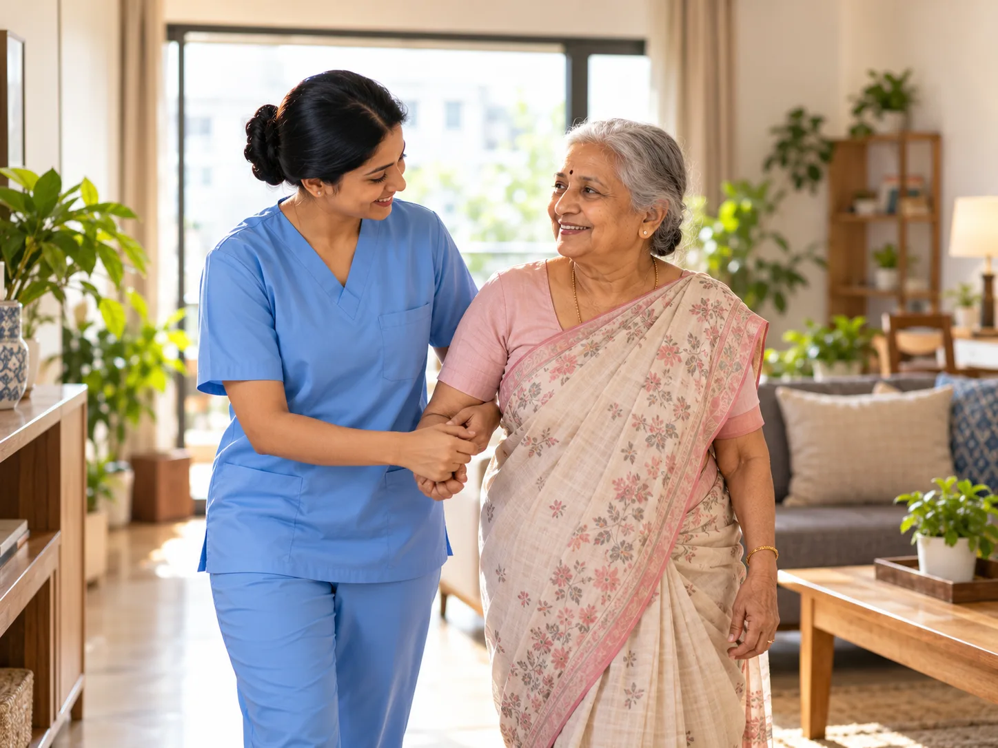 Caregiver walking with an elderly Indian grandmother at home, elderly care services in Bangalore
