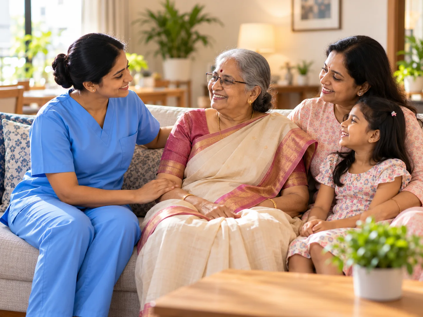 Caregiver with an Indian family and grandmother at home in Bangalore