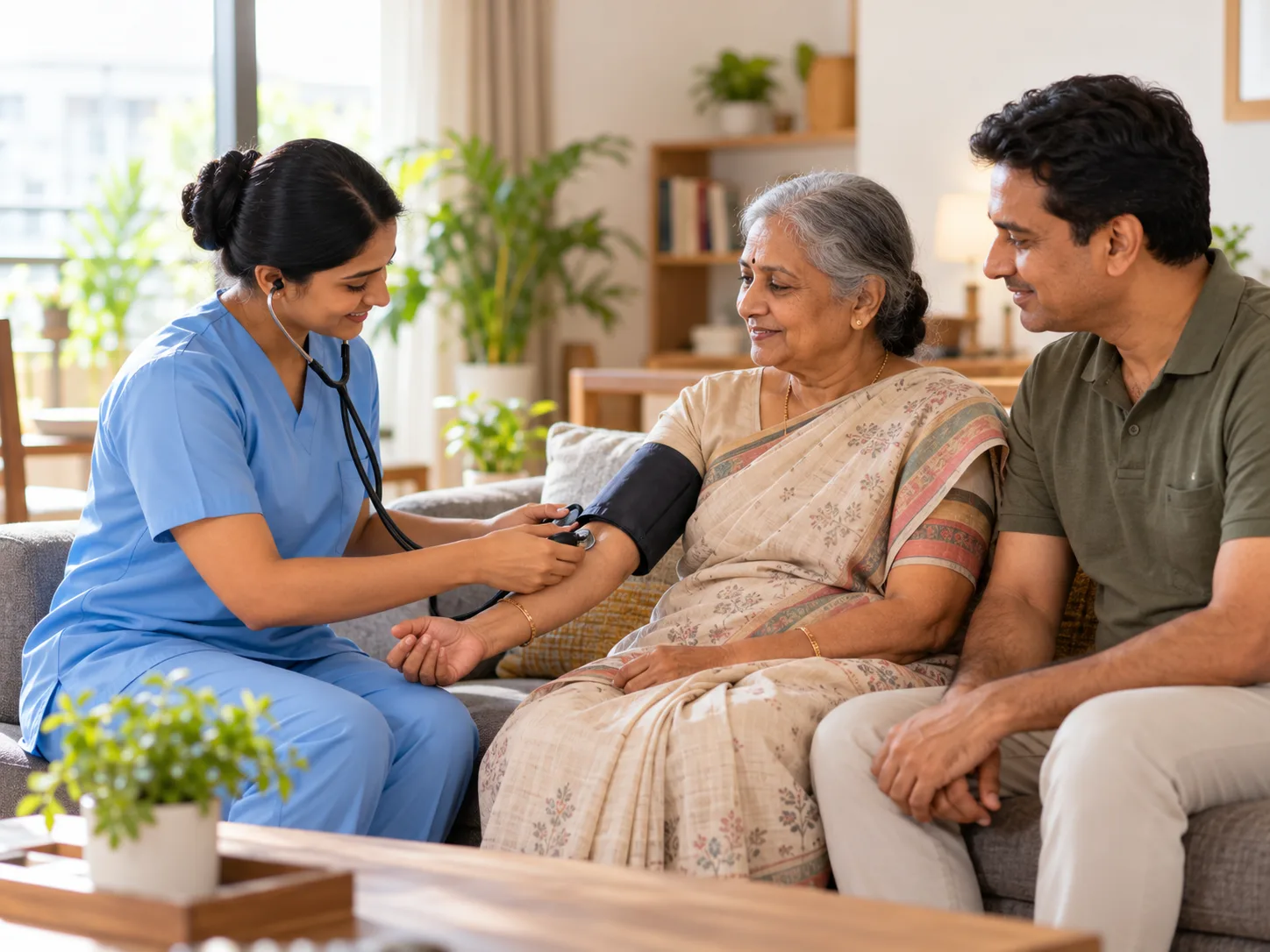 Home nurse checking blood pressure of an elderly woman at home in Bangalore