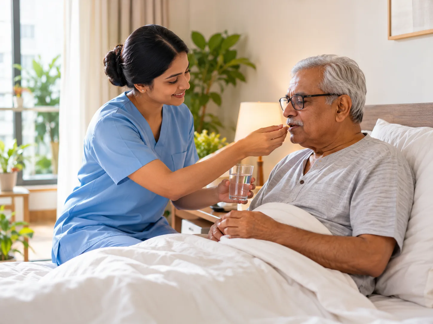 Caregiver giving medicine to an elderly patient during patient care at home in Bangalore