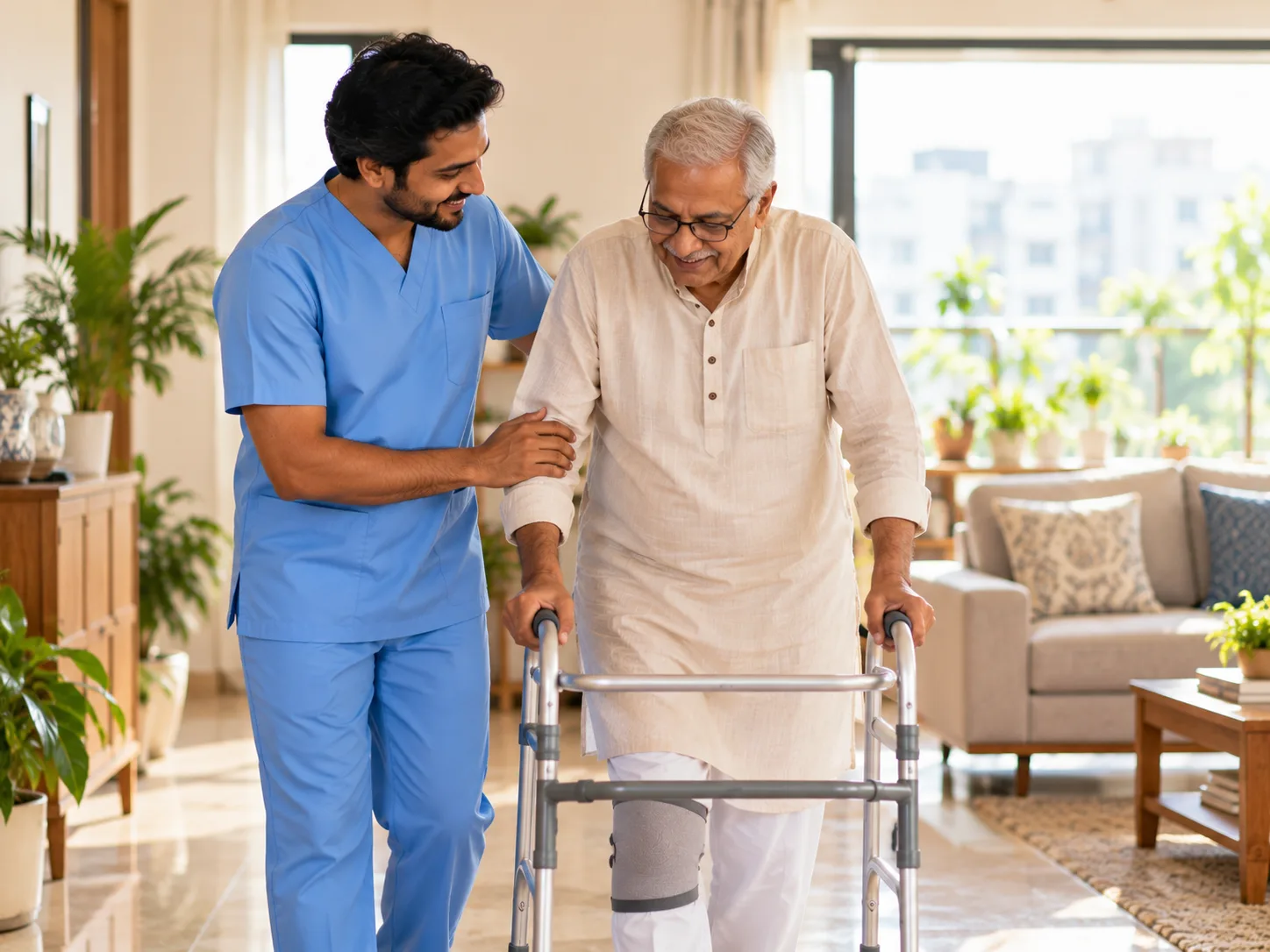 Caregiver supporting an elderly man walking with a walker after surgery, post hospital care at home in Bangalore