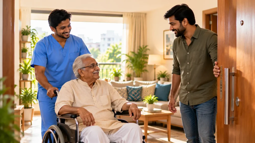 Elderly man arriving home after hospital with a caregiver, post hospital care at home