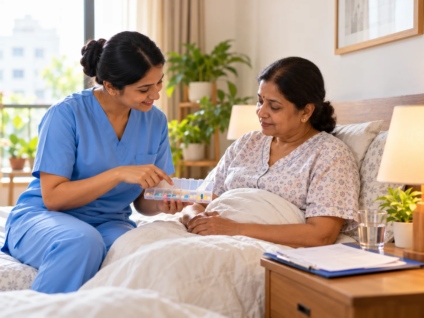 Nurse explaining medicines to a woman recovering at home after hospital discharge