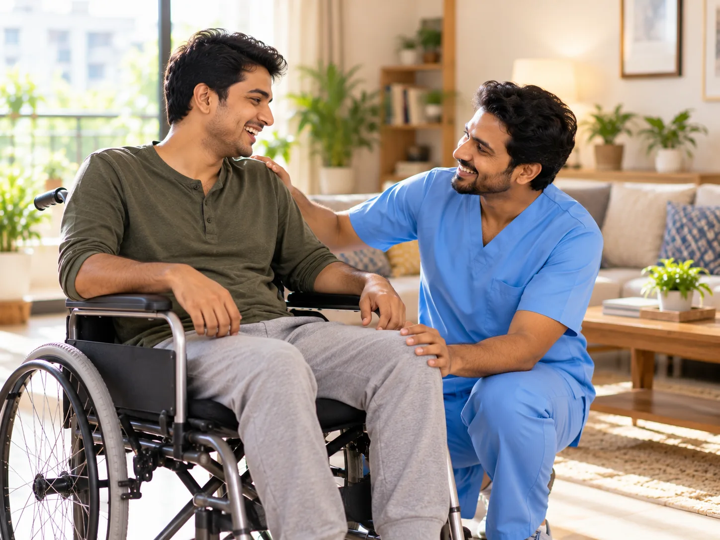Caregiver with a young man in a wheelchair, assistance for special needs in Bangalore