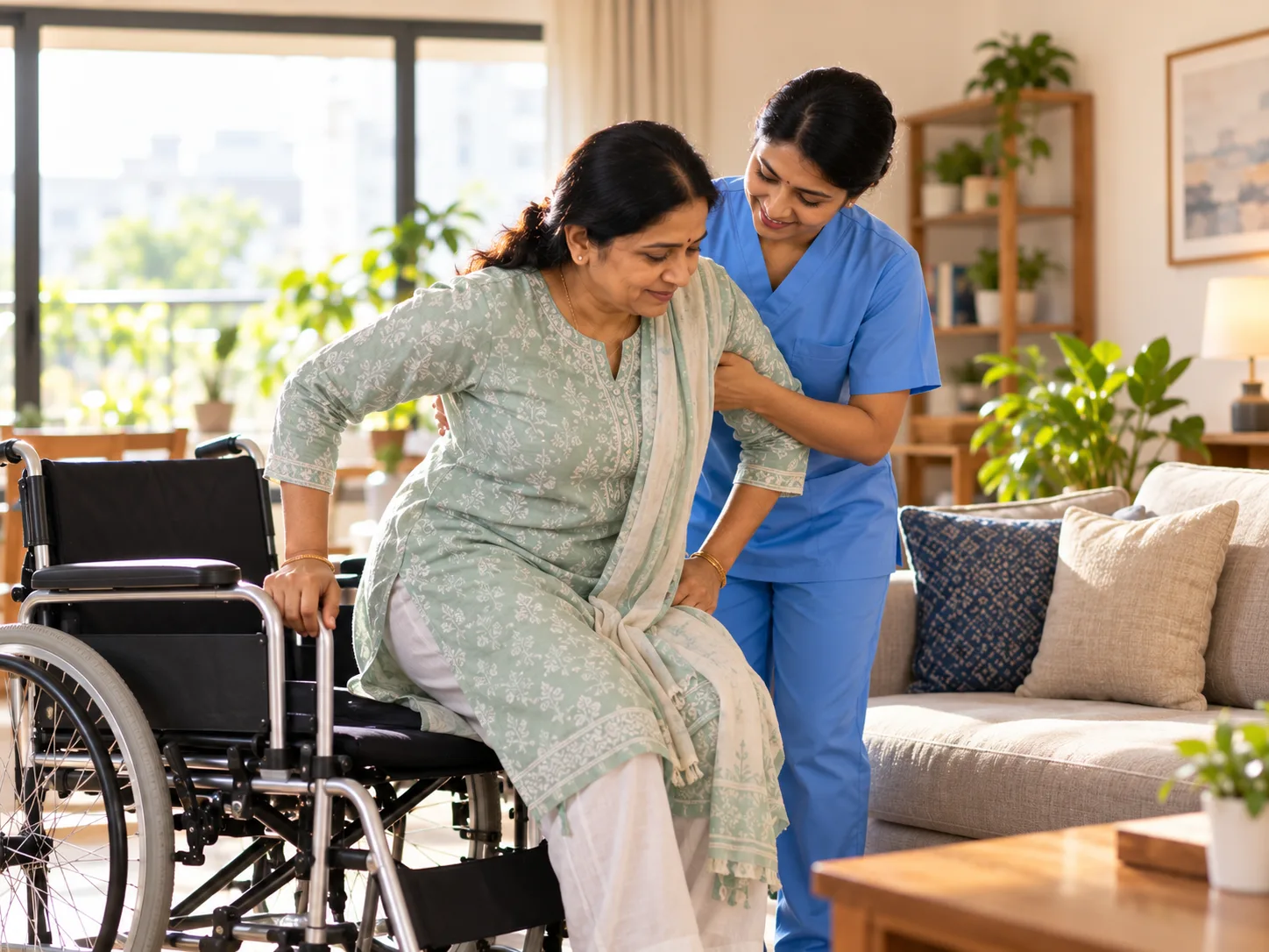 Caregiver helping a woman move safely from a wheelchair to a sofa at home